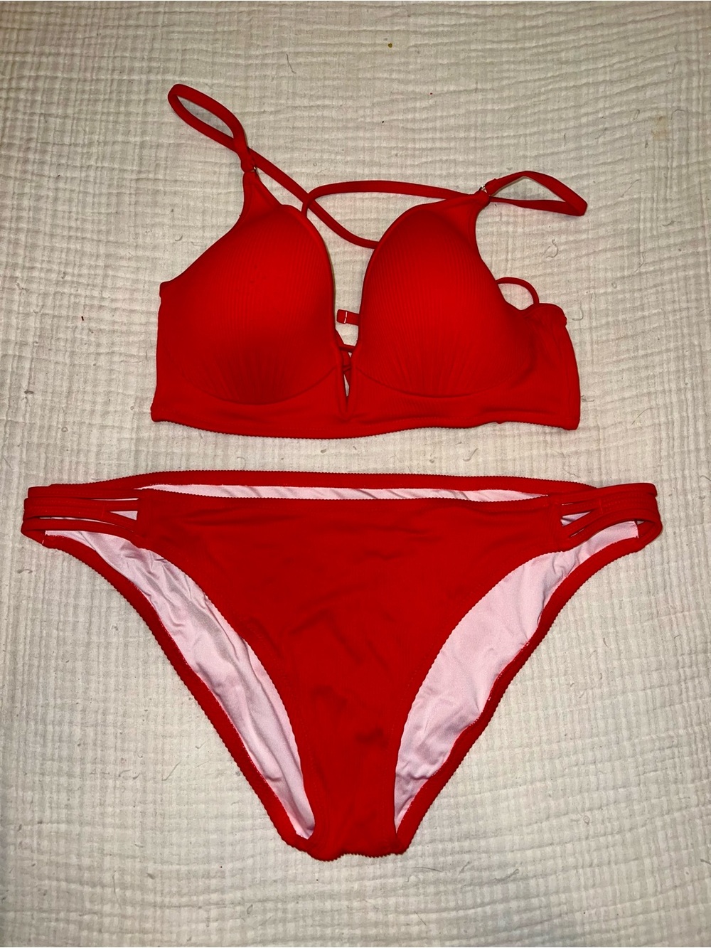 Red Ribbed Bikini Set